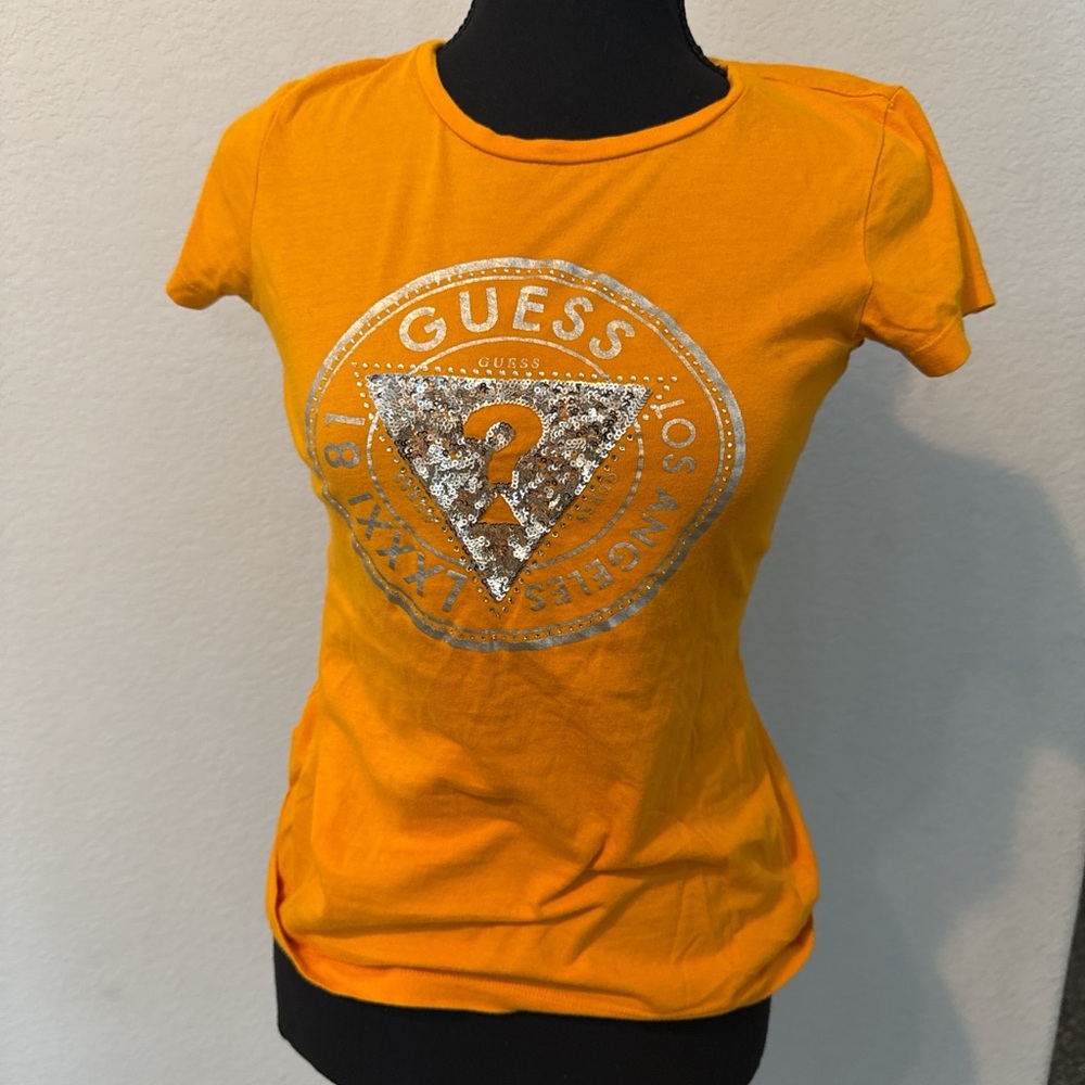 Guess Women's Bright Orange Tee with Silver Logo